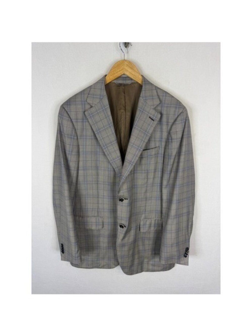 Canali Mens Virgin Wool Blazer Sport Coat Tan Brown Glen Check Men 42R Italy